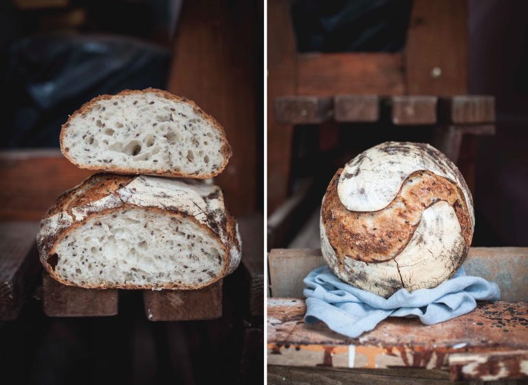Sourdough bread crumb and crust cut loaf