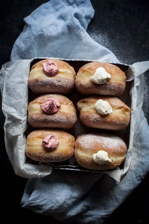 Sourdough doughnuts with strawberry and apple pie cream