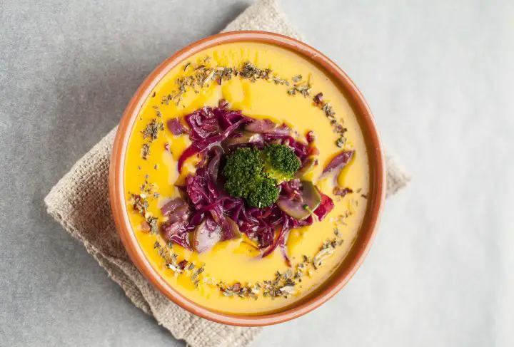 Butternut squash soup recipe with fermented vegetables and sourdough sides